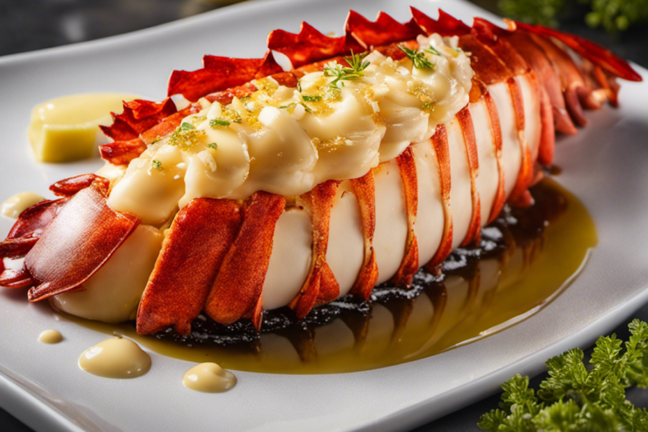 An image of a lobster tail gently immersed in a shimmering pool of melted butter