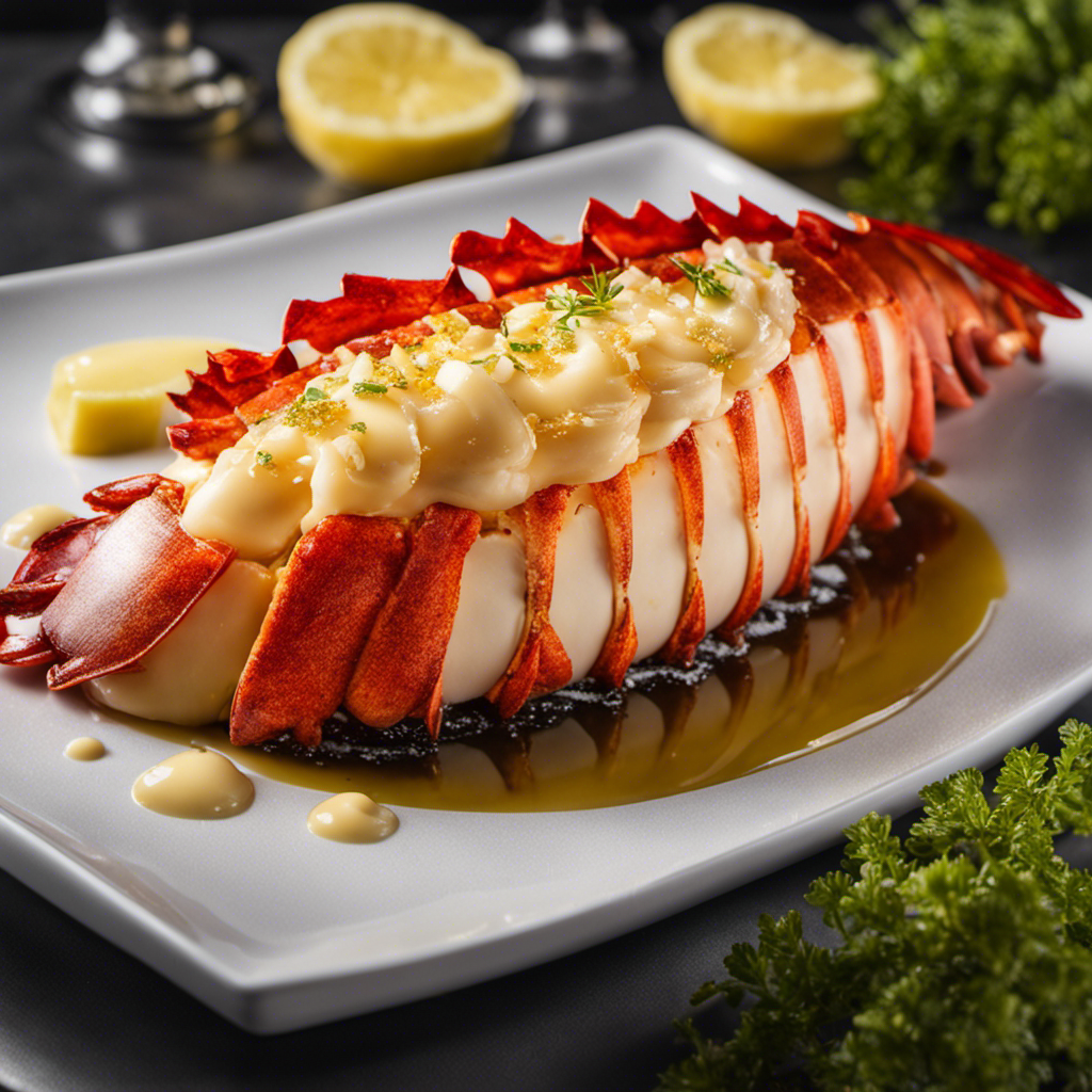 An image of a lobster tail gently immersed in a shimmering pool of melted butter