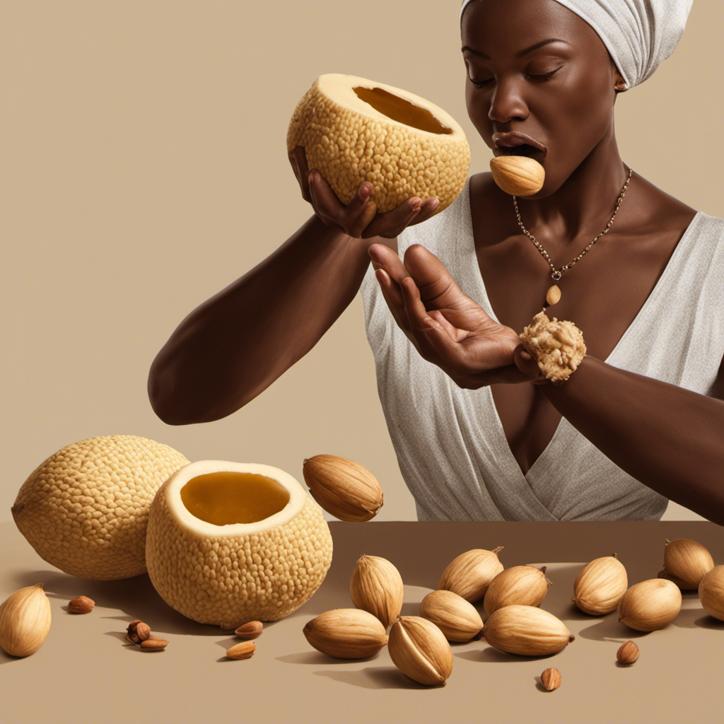 An image showcasing a person holding a shea nut, their hand gently squeezing the nut to extract creamy butter