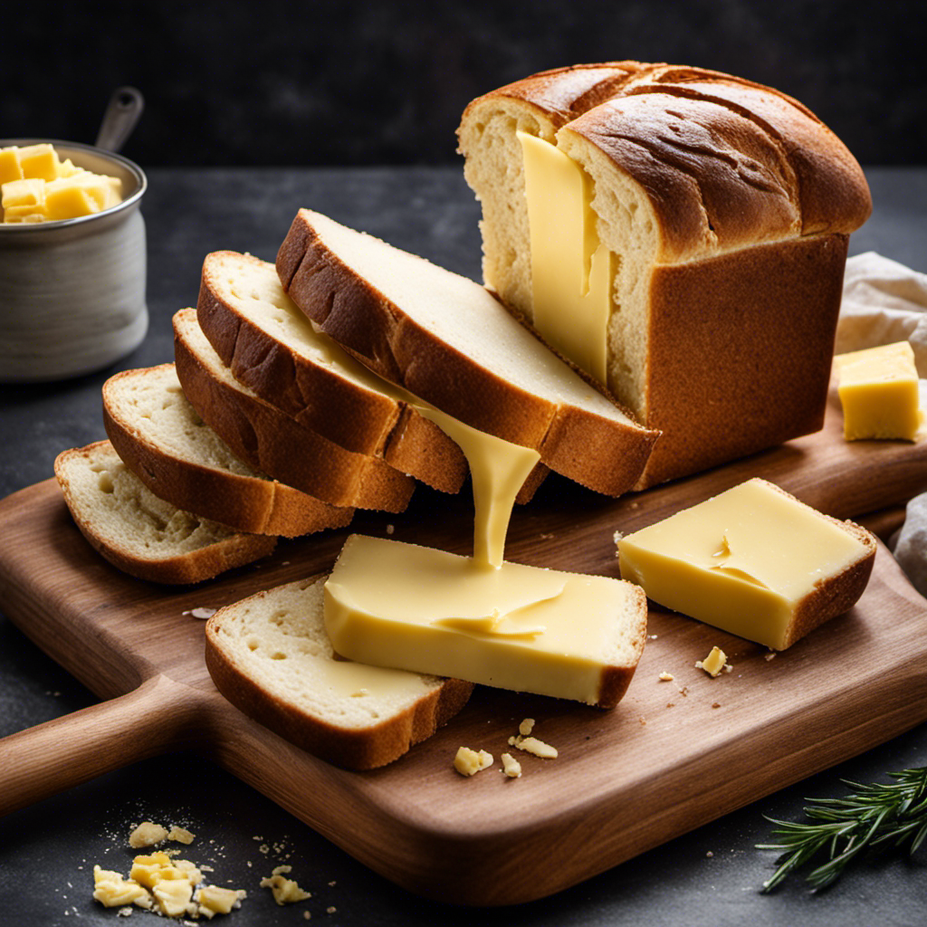 An image showcasing the step-by-step process of adding butter to a bread maker: a hand gently placing a golden stick of butter onto a slicing board, followed by the butter being expertly sliced into thin, even pieces