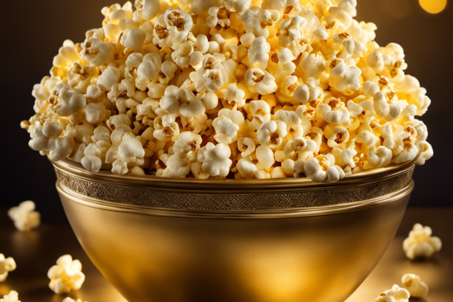 An image showcasing a golden bowl filled with fresh, fluffy popcorn, perfectly coated with a thin, even layer of melted butter
