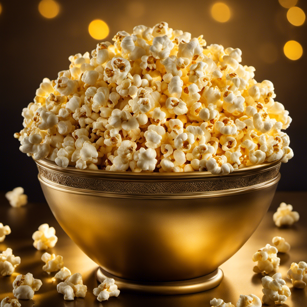 An image showcasing a golden bowl filled with fresh, fluffy popcorn, perfectly coated with a thin, even layer of melted butter