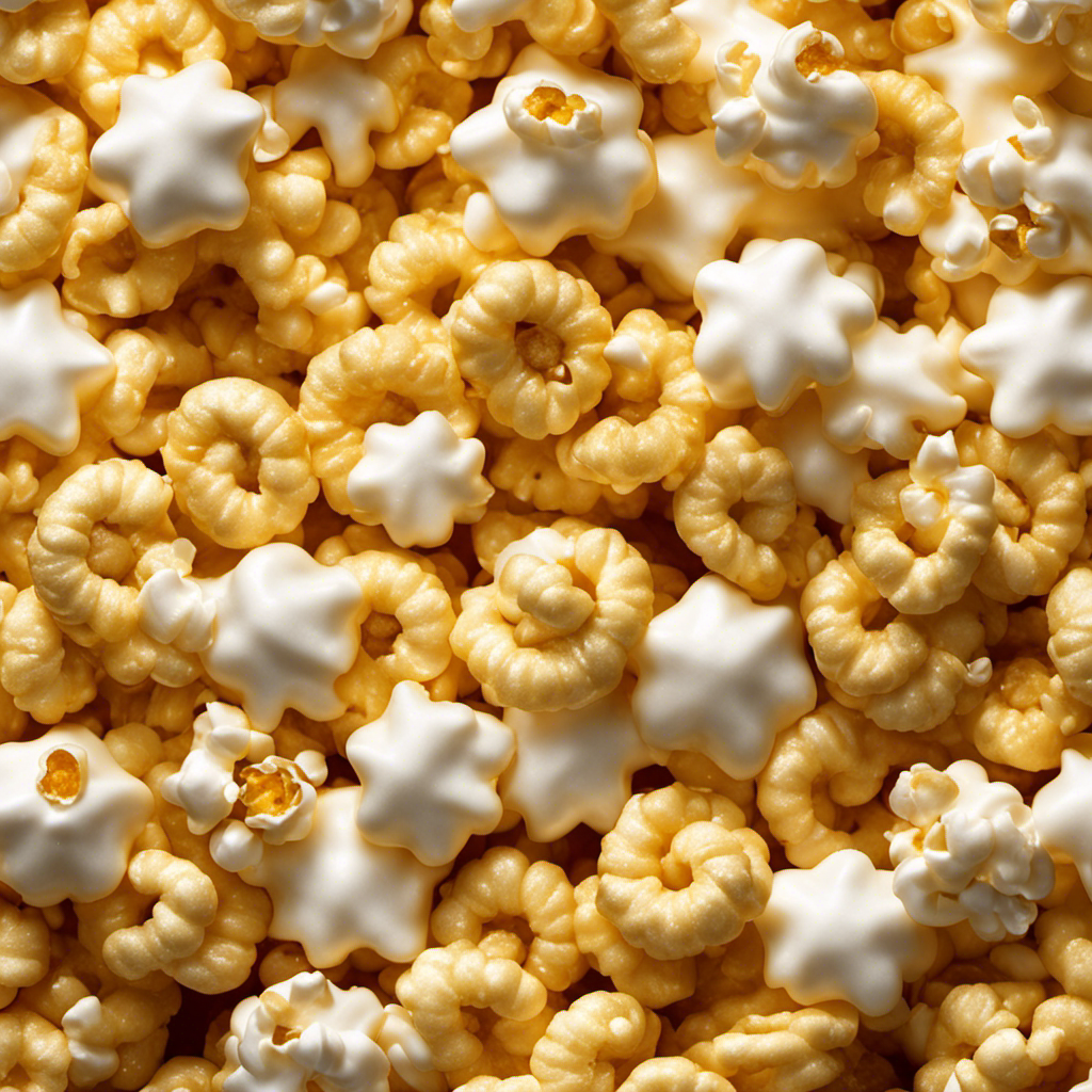 An image capturing the mesmerizing moment of warm, golden butter cascading in a graceful swirl over a mountain of fluffy popcorn, each kernel glistening with a glossy sheen