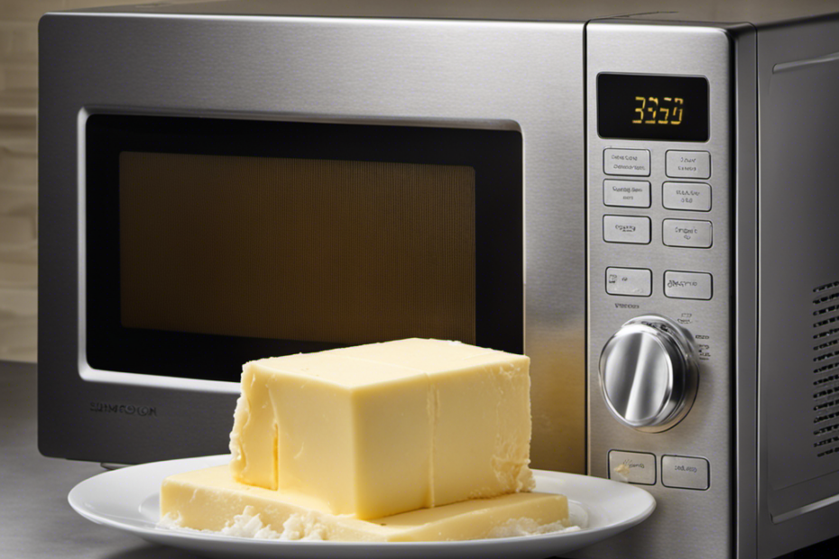 -up of a microwave with a plate of frozen butter beside it