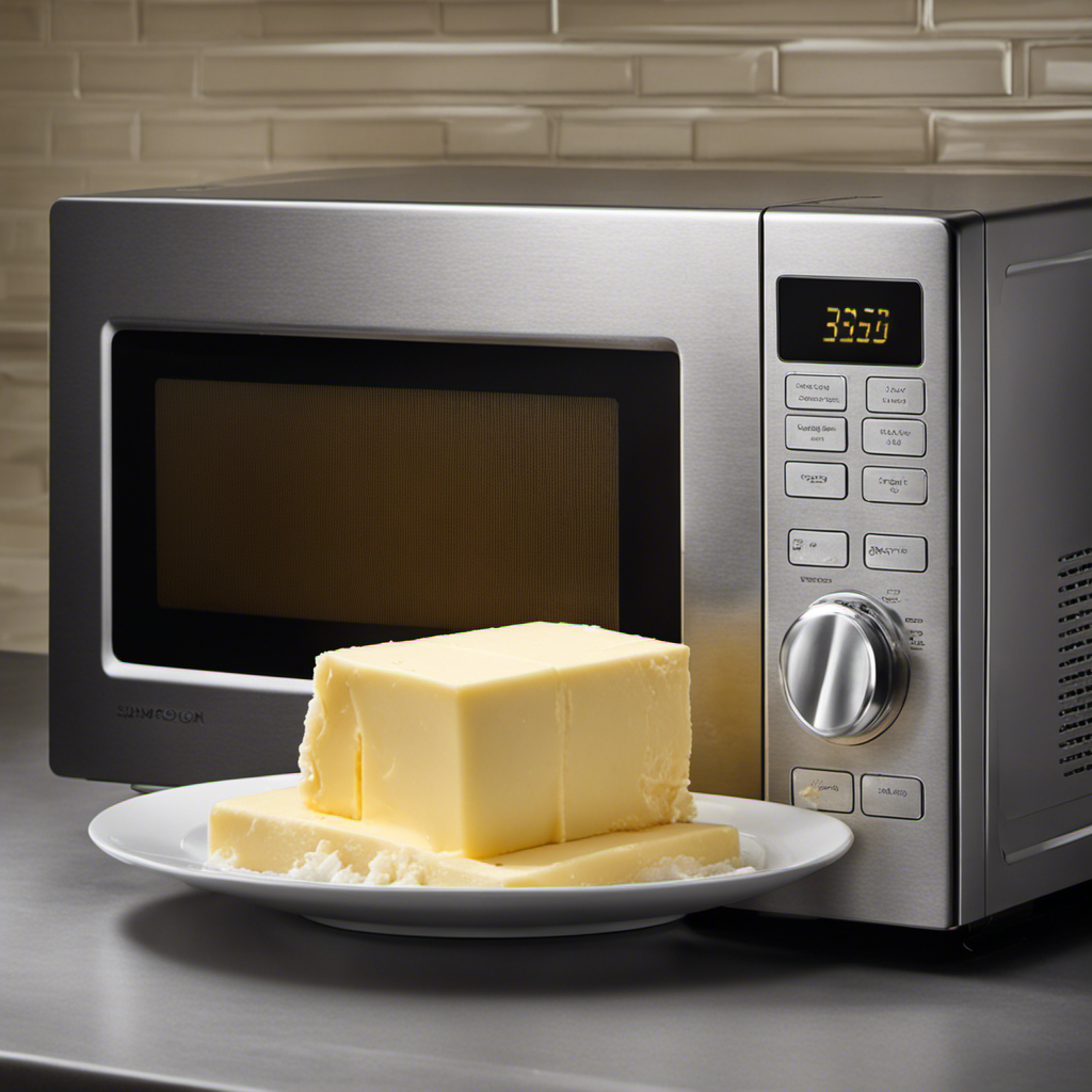 -up of a microwave with a plate of frozen butter beside it
