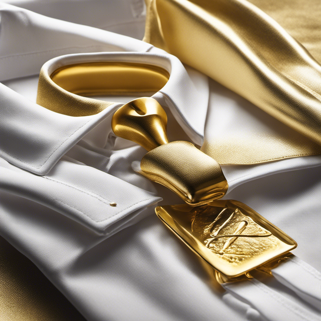 An image showcasing a vibrant, close-up view of a crisp white shirt with a golden butter stain on the front