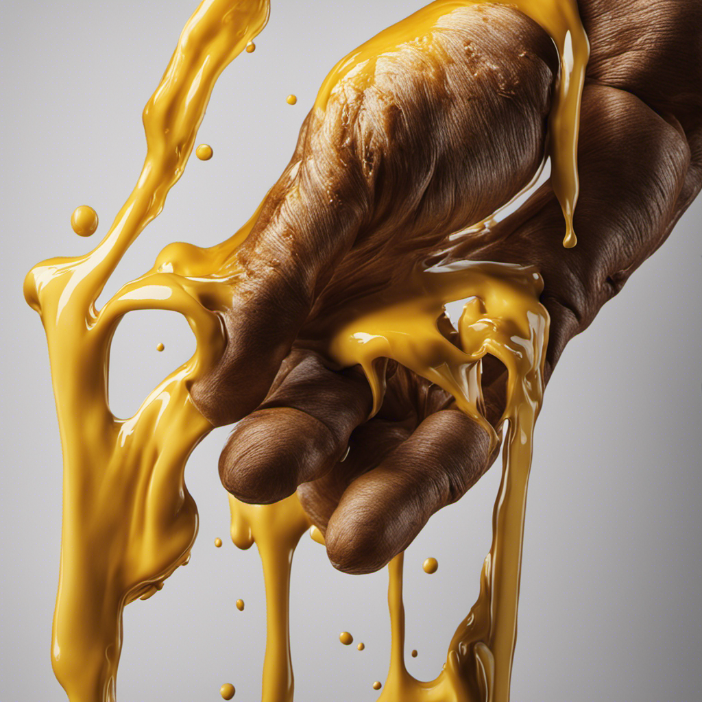 An image showcasing a hand holding a stained shirt, with a large blob of melted butter visible