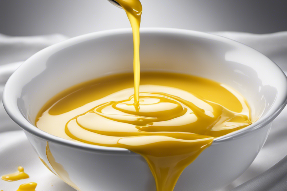 An image capturing the precise moment when a hot, golden dollop of melted butter drips onto a pristine white shirt, leaving behind a conspicuous, greasy stain that demands immediate attention and effective removal techniques