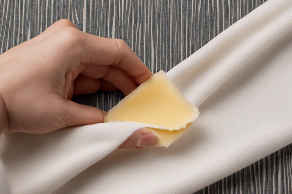 An image showcasing the step-by-step process of removing stubborn butter stains: a close-up of a stained fabric, a hand gently blotting with a paper towel, followed by a clear, pristine fabric