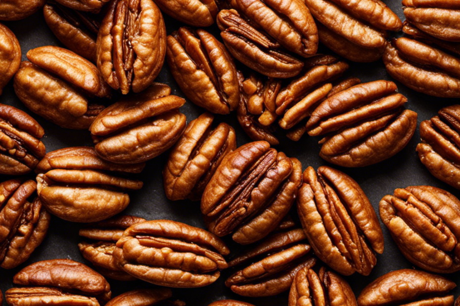 An image showcasing golden-brown pecans glistening with melted butter, scattered on a baking sheet, capturing the aroma of a perfectly roasted batch