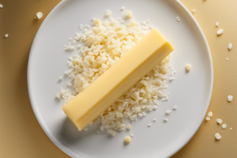 An image showcasing a close-up of a creamy, unsalted butter stick being sprinkled with delicate flakes of sea salt, as they gracefully melt and dissolve into the rich, golden surface, enhancing its flavor