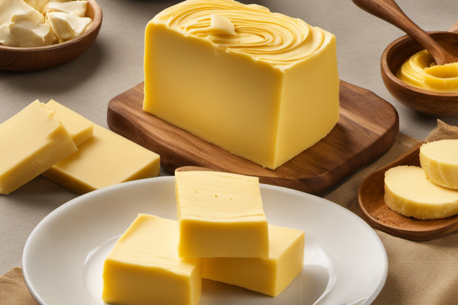 An image showcasing a vibrant yellow stick of butter, surrounded by a medley of golden and creamy hues