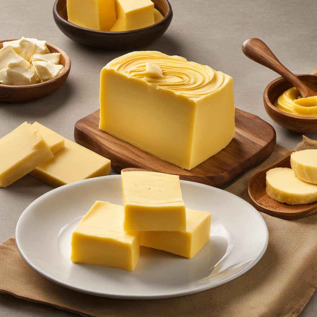 An image showcasing a vibrant yellow stick of butter, surrounded by a medley of golden and creamy hues