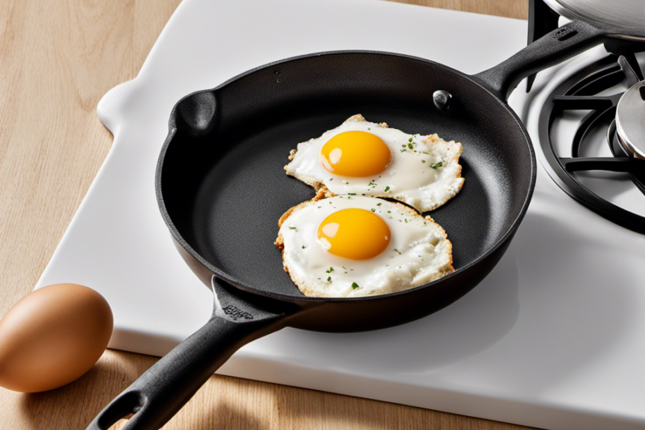 An image depicting a non-stick skillet on a stovetop, with a single cracked egg in the center