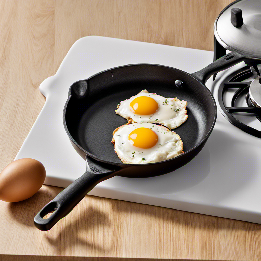 An image depicting a non-stick skillet on a stovetop, with a single cracked egg in the center