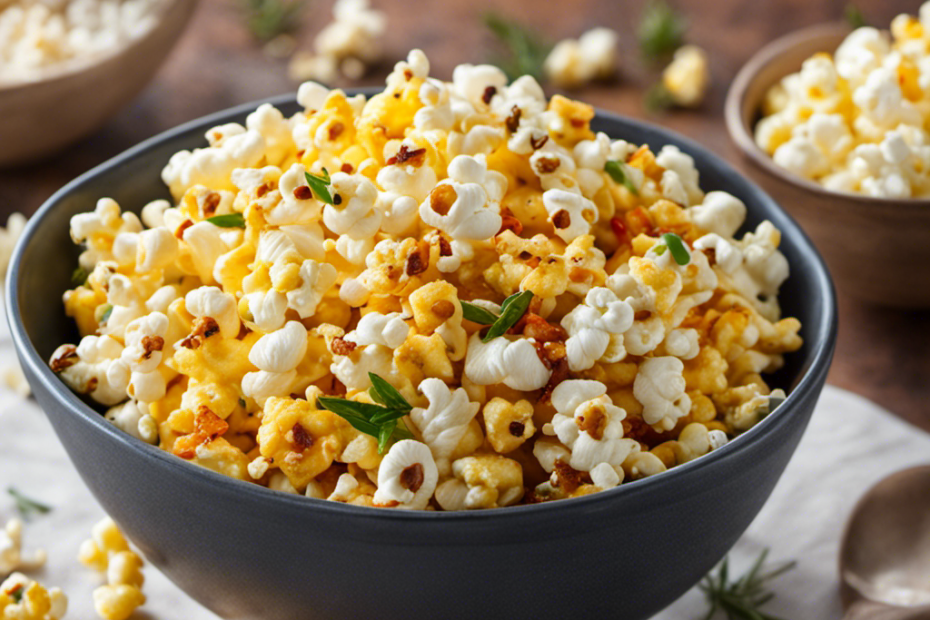 An image showcasing a bowl of fluffy popcorn adorned with vibrant and aromatic toppings like zesty lime zest, smoky paprika, fragrant rosemary, and a sprinkle of Parmesan cheese, inviting readers to explore butter-free seasoning alternatives