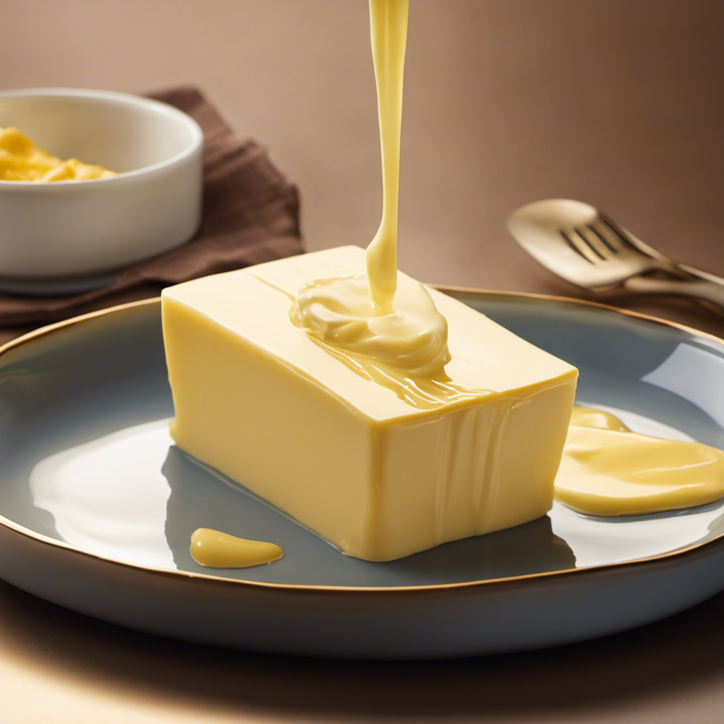 An image featuring a stick of butter placed on a warm ceramic dish, surrounded by gentle rays of sunlight