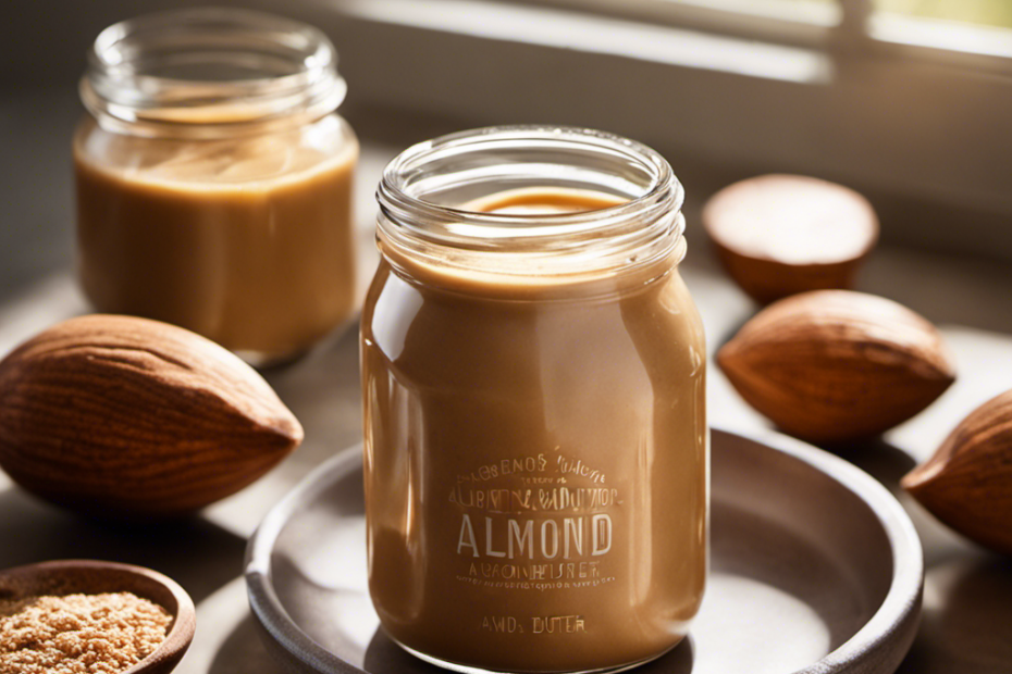 An image capturing the process of softening almond butter: a jar of creamy almond butter sits atop a warm, sunlit windowsill, while gentle rays of light melt the thick, golden spread into a smooth and silky consistency