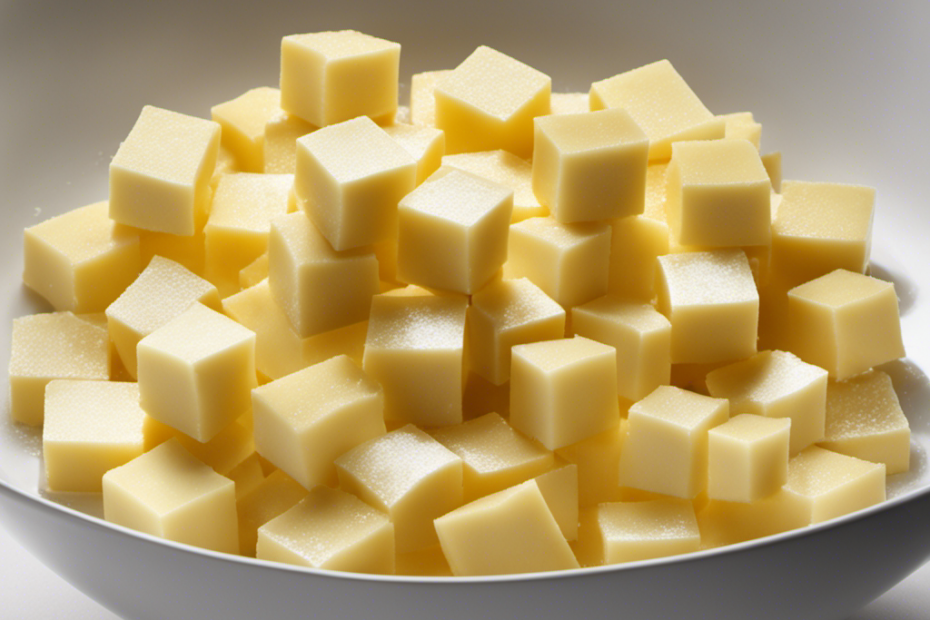 An image showcasing a glass bowl filled with cold, hard butter cubes immersed in a bath of warm water