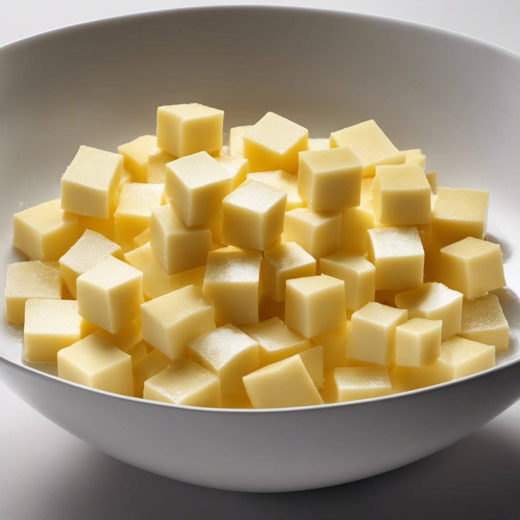 An image showcasing a glass bowl filled with cold, hard butter cubes immersed in a bath of warm water