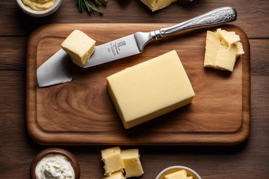 An image of a wooden cutting board with a pat of cold, solid butter placed on it