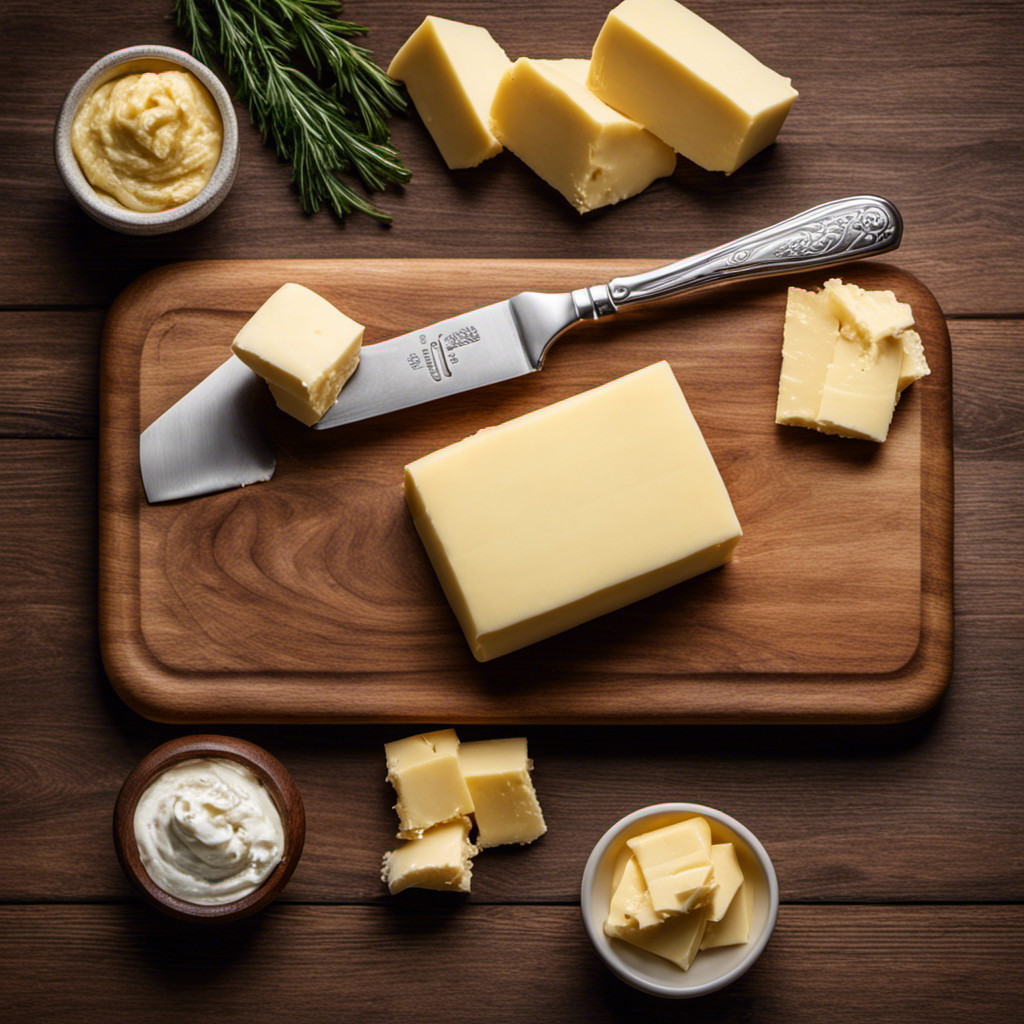 An image of a wooden cutting board with a pat of cold, solid butter placed on it