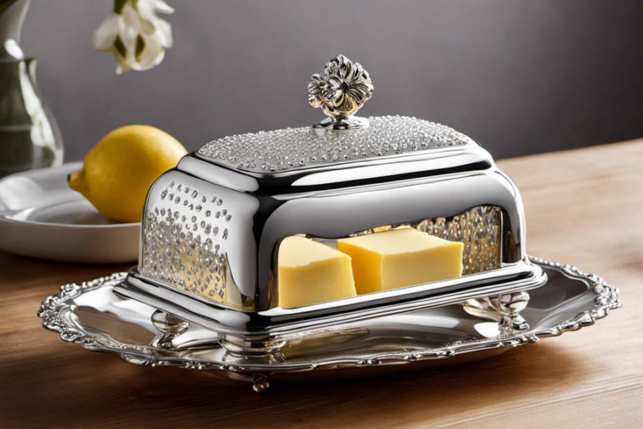 A vibrant image showcasing a silver butter dish on a wooden countertop