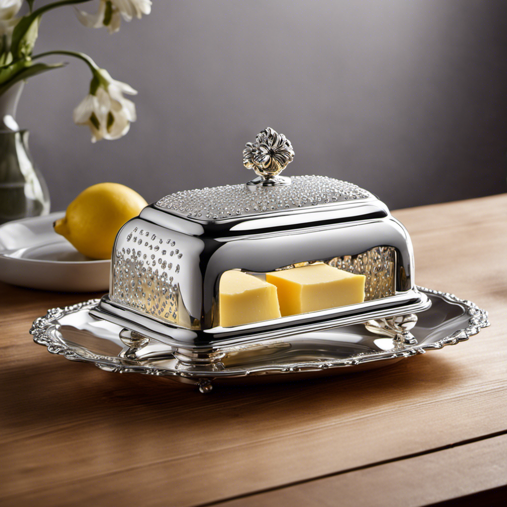 A vibrant image showcasing a silver butter dish on a wooden countertop