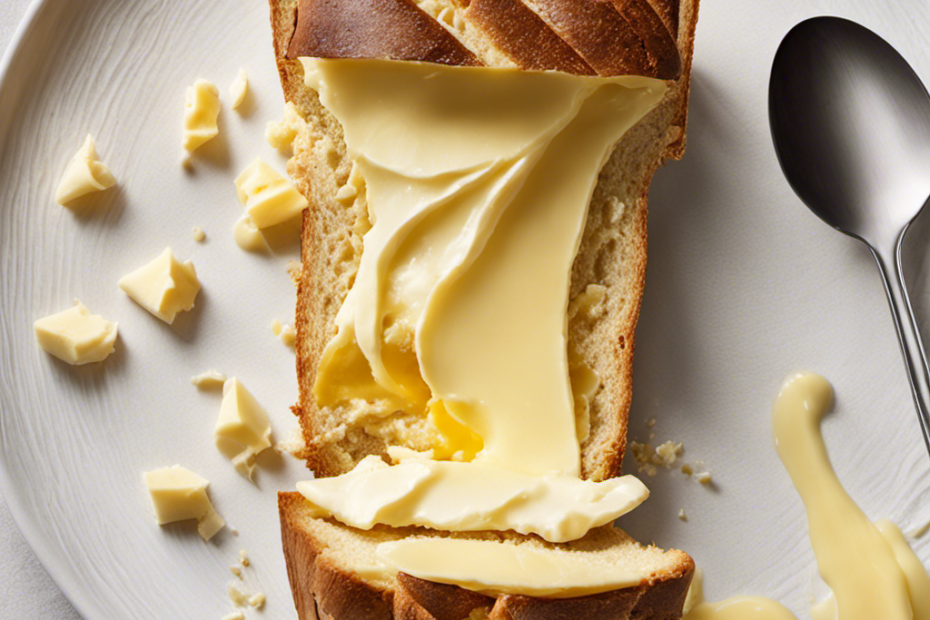 An image capturing the effortless spread of cold butter on a slice of warm bread: a butter knife gliding smoothly, leaving delicate ripples of butter behind, melting into the golden crust
