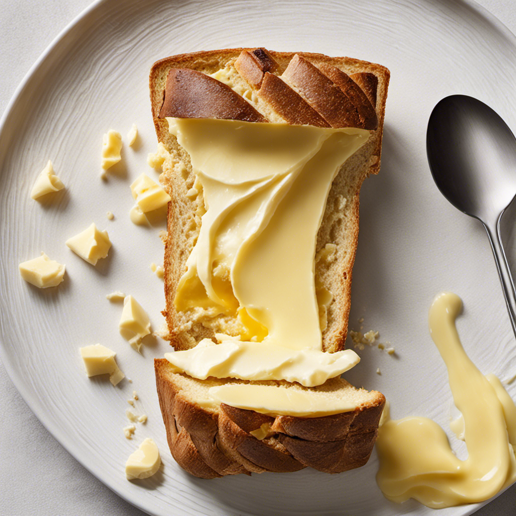 An image capturing the effortless spread of cold butter on a slice of warm bread: a butter knife gliding smoothly, leaving delicate ripples of butter behind, melting into the golden crust