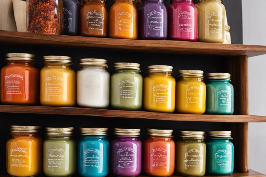 An image showcasing a variety of colorful, handcrafted body butter jars neatly arranged on a wooden display shelf, with ingredients like shea butter, essential oils, and botanical extracts beautifully displayed nearby