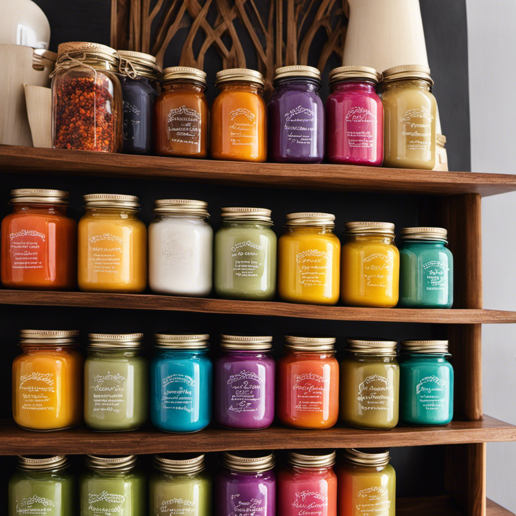 An image showcasing a variety of colorful, handcrafted body butter jars neatly arranged on a wooden display shelf, with ingredients like shea butter, essential oils, and botanical extracts beautifully displayed nearby