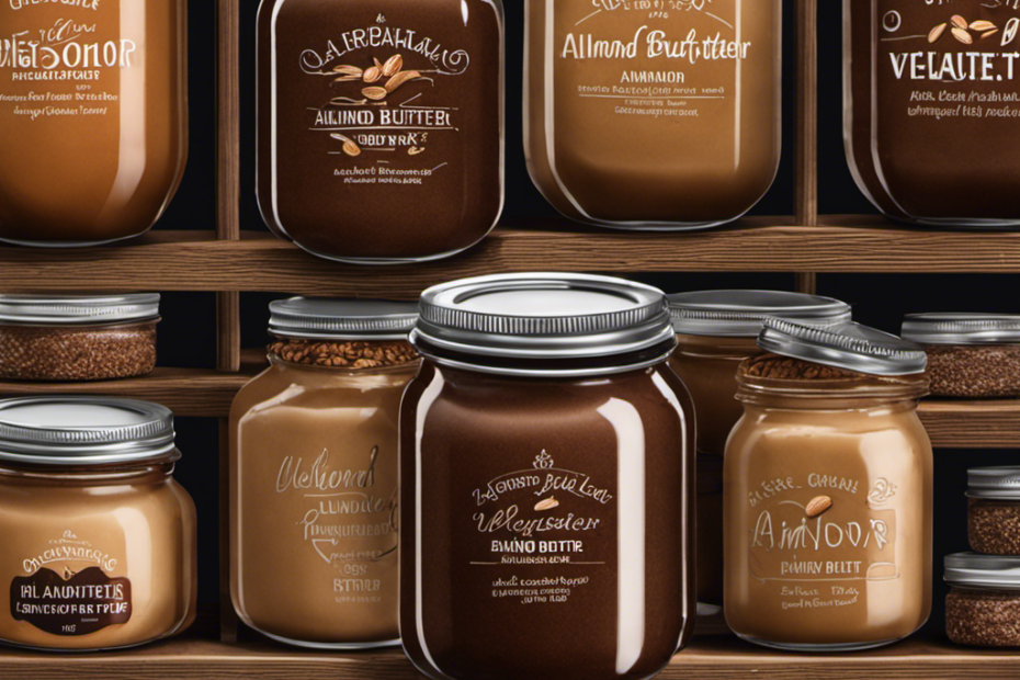 An image showcasing a glass jar filled with velvety almond butter, tightly sealed with a metal lid