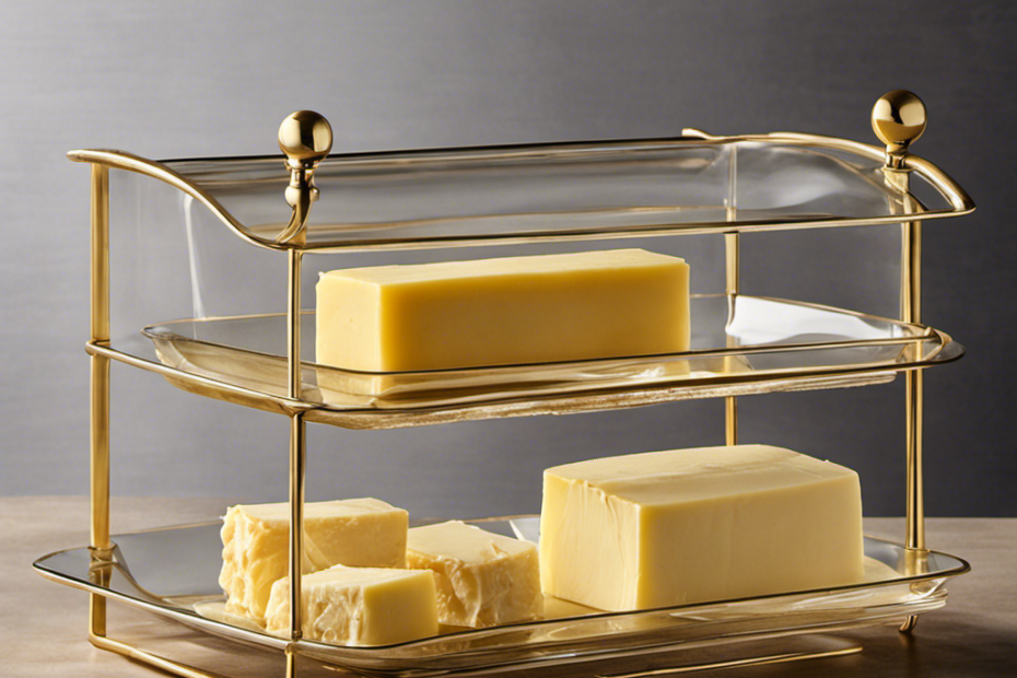 An image showcasing a cool, dry pantry shelf with neatly arranged glass butter dishes