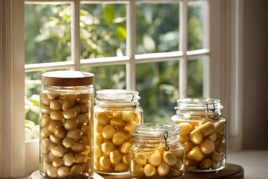 An image showcasing a wooden shelf adorned with neatly arranged glass jars filled with creamy shea butter