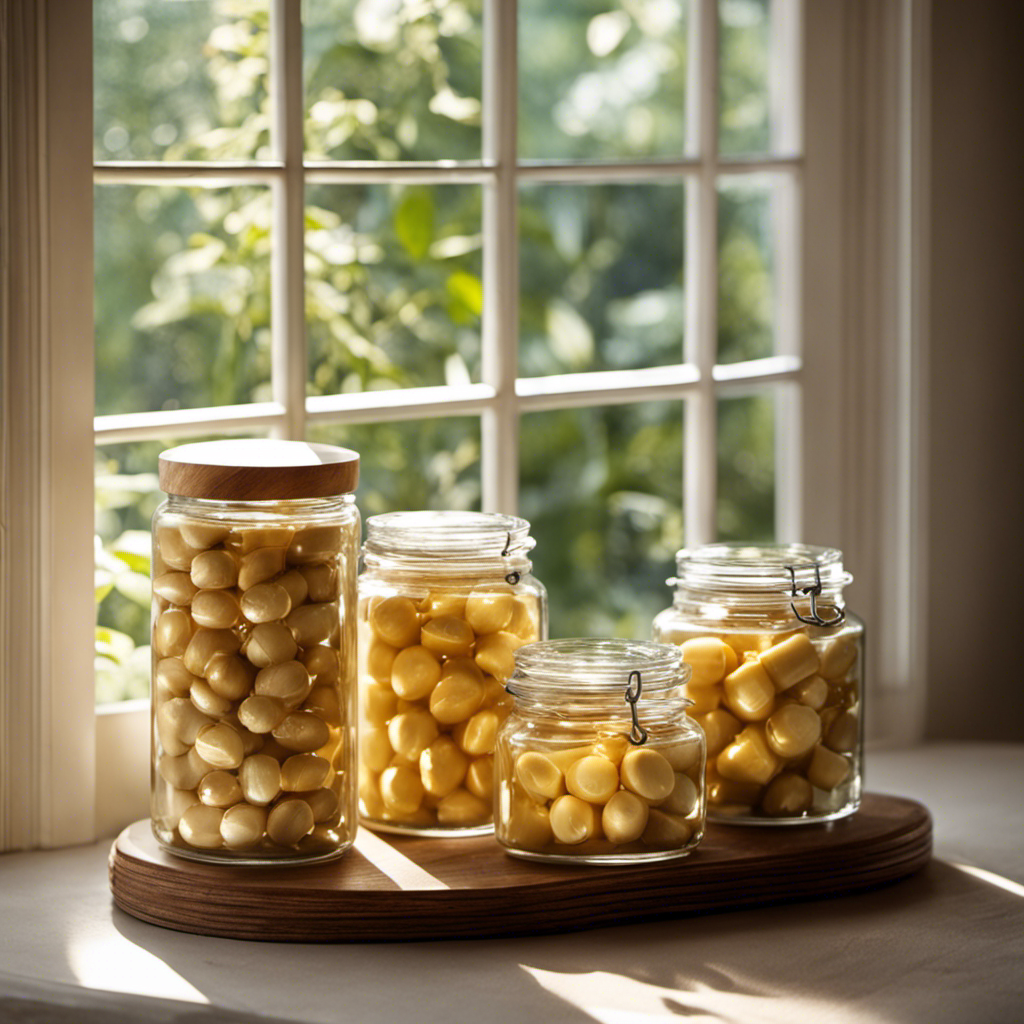 An image showcasing a wooden shelf adorned with neatly arranged glass jars filled with creamy shea butter