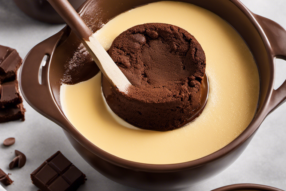 An image showcasing the transformation of rich, melted butter being poured into a mixing bowl, blending effortlessly with cocoa powder and sugar, as the velvety mixture thickens into decadent brownie batter