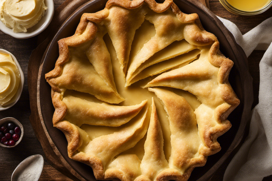 An image showcasing a close-up of a flaky, golden pie crust with a slice cut out, revealing a luscious filling