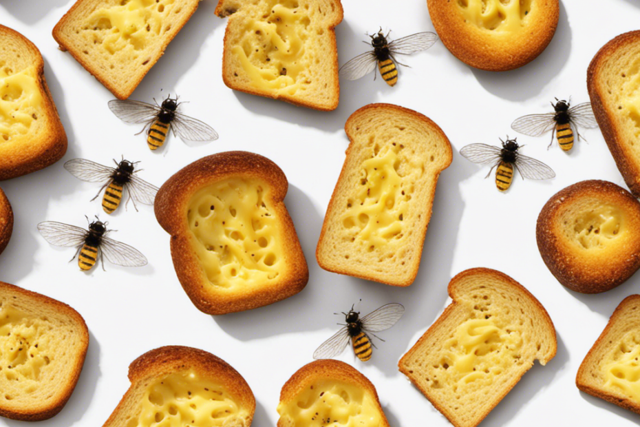 An image of a slice of bread covered in melted butter, with visible yellow streaks and a distinct aroma, surrounded by a swarm of flies