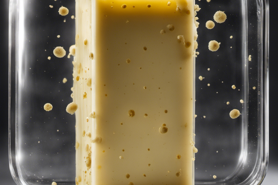 An image depicting a stick of butter inside a transparent container, surrounded by mold spores growing on its surface