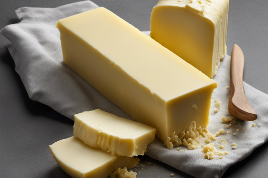An image showcasing a close-up shot of a stick of butter with its pale yellow color transformed into a dull, grayish hue