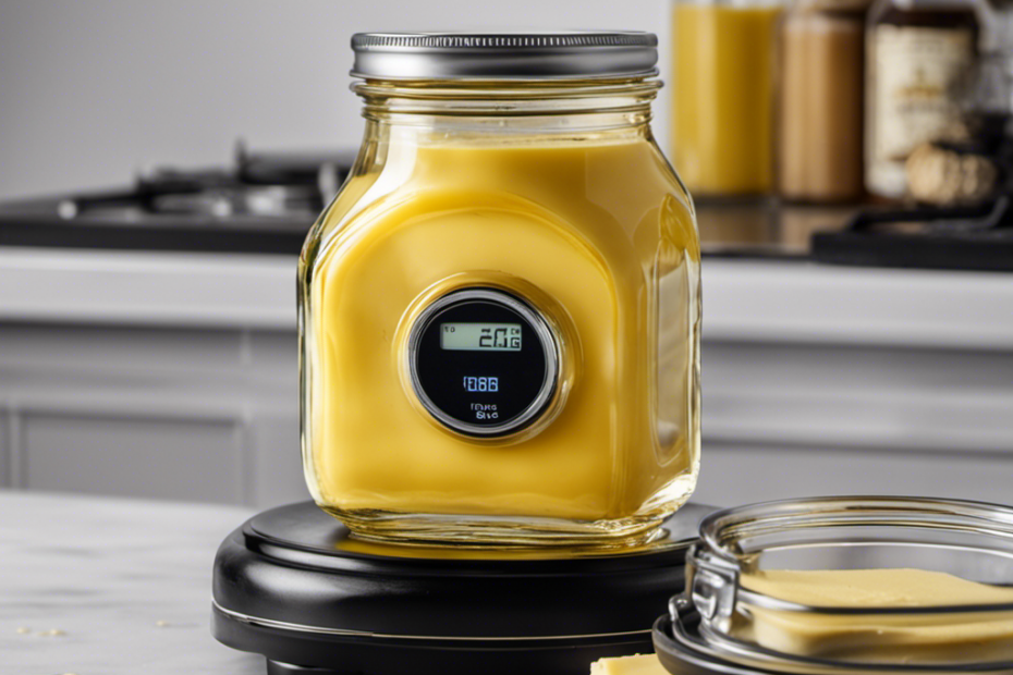 An image showcasing a close-up of a clear glass jar filled with melted butter, a digital kitchen scale displaying precise measurements, and a small test strip immersed in the butter, indicating the THC level