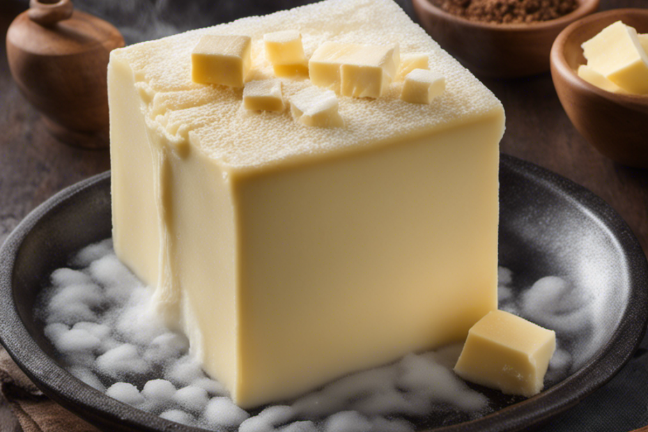 An image showcasing a frozen block of butter placed on a warm plate, surrounded by gentle steam rising from a cup of hot water nearby