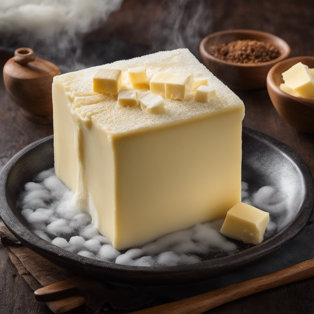 An image showcasing a frozen block of butter placed on a warm plate, surrounded by gentle steam rising from a cup of hot water nearby