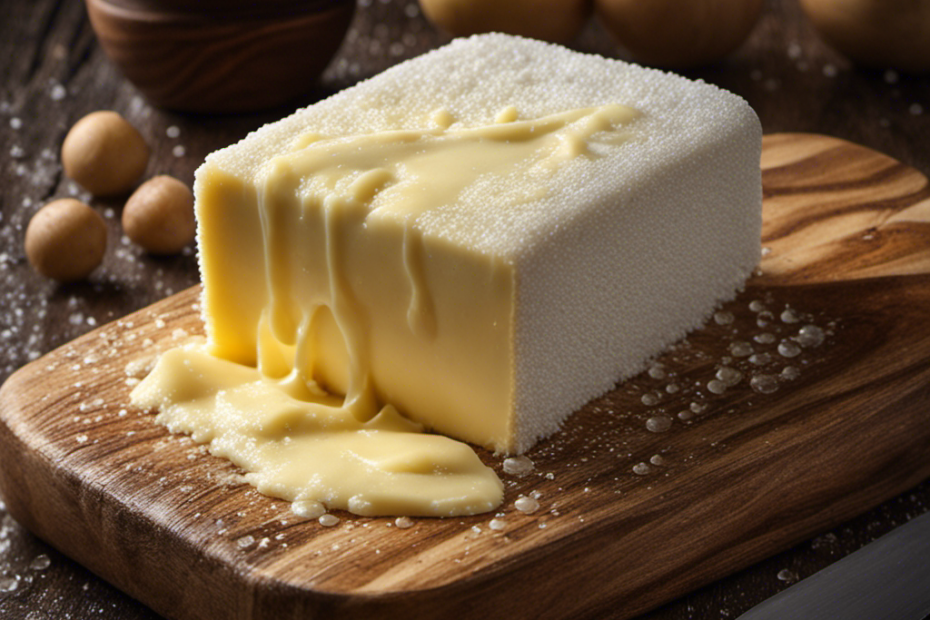 An image showcasing a slab of frozen butter placed on a wooden cutting board, surrounded by droplets of condensation