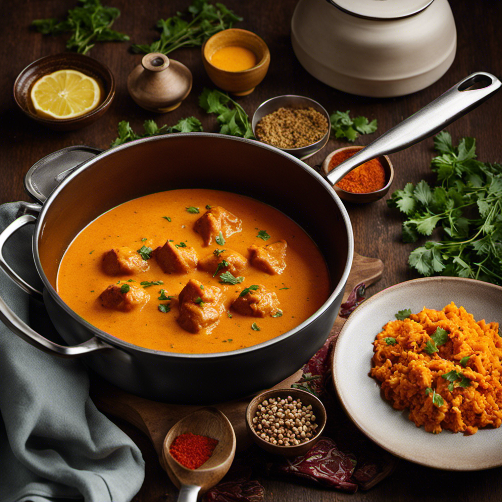 An image of a simmering pot on a stovetop, filled with creamy, rich butter chicken sauce