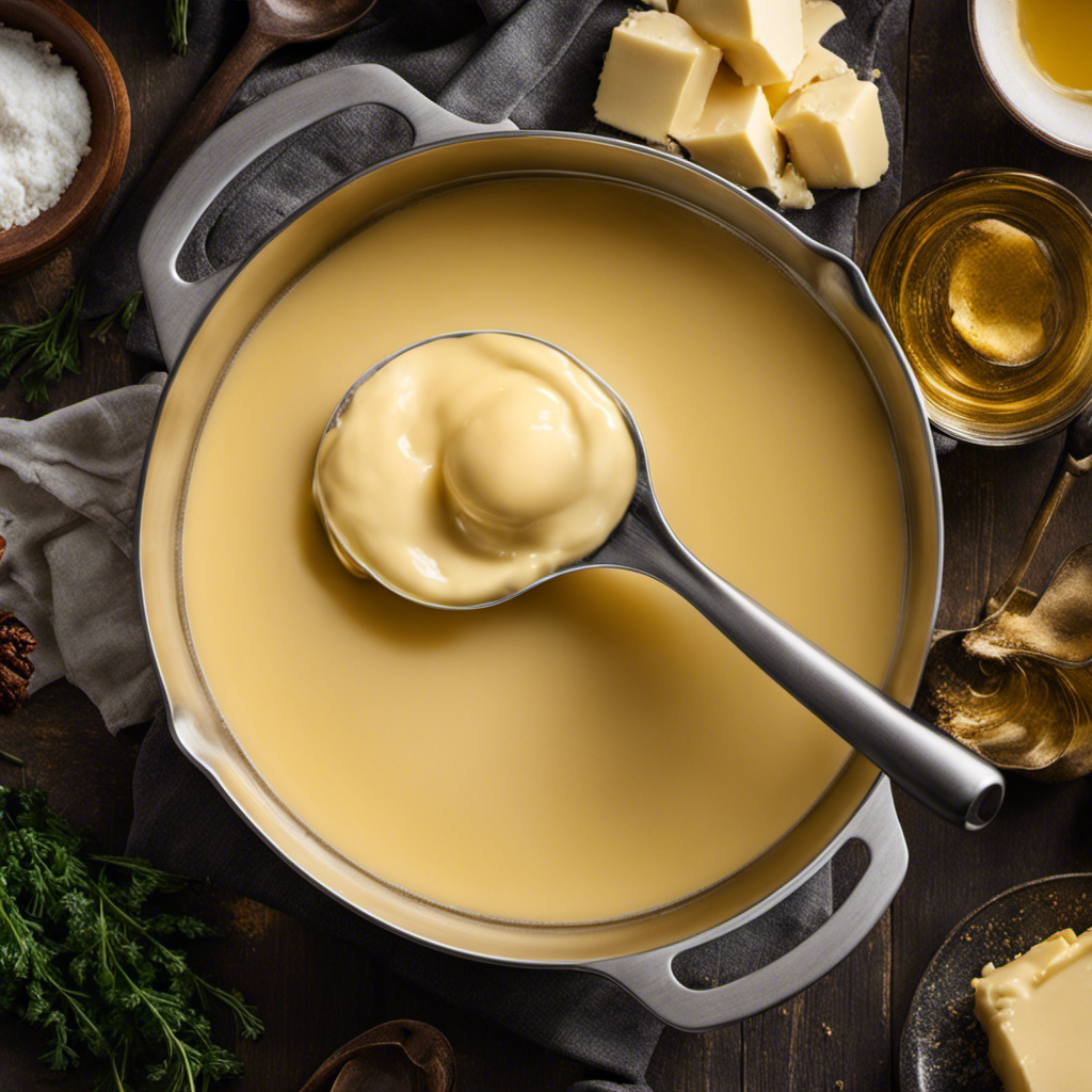 An image showcasing the process of thickening butter sauce: a golden-hued saucepan on low heat, with a pat of butter melting, whisking in flour, and gradually pouring in cream while stirring