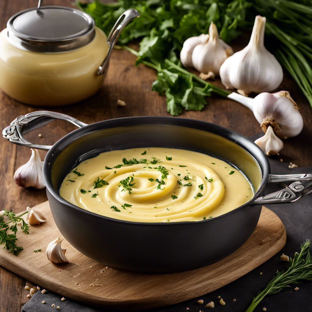 An image showcasing a bubbling pot on a stovetop, filled with velvety garlic butter sauce
