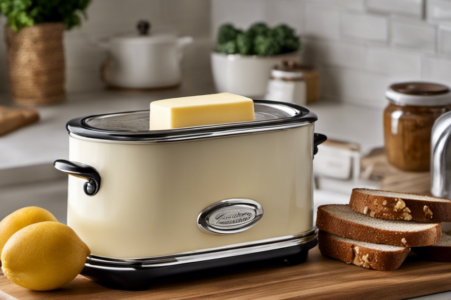 An image that showcases a well-lit kitchen countertop, adorned with a vintage butter crock