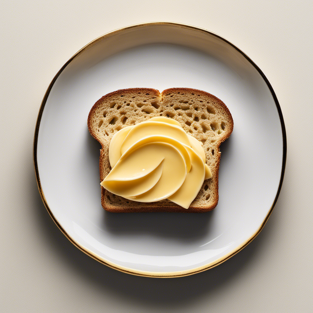 An image showcasing a perfectly spread slice of toast, adorned with a generous dollop of butter from a charming ceramic butter dish, perfectly complementing the golden-brown crust